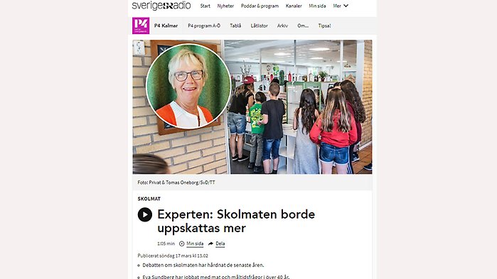 Skärmklipp från radions startsida med porträtt på Eva Sundberg och ett foto från en skolrestaurang.