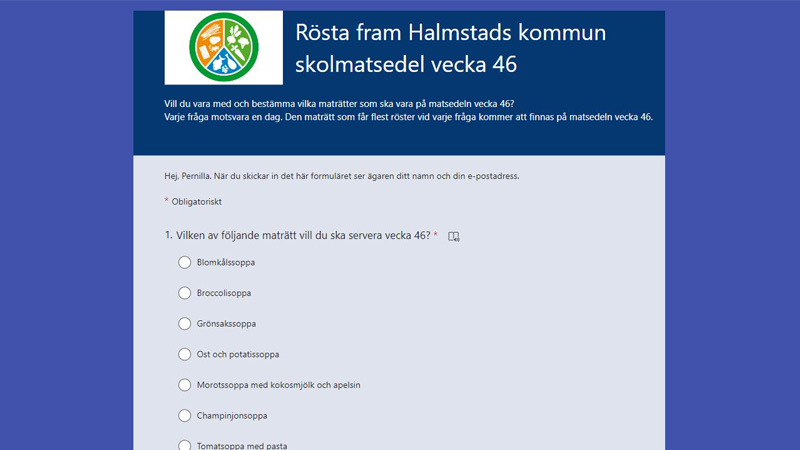 Digitalt formulär för att rösta på olika maträtter