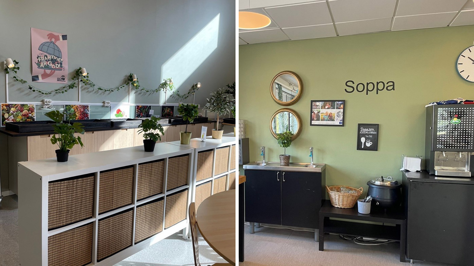 Två bilder från en skolrestaurang, den första med en serveringslinje dekorerad med växter och den andra med en soppa-station vid en grön vägg
