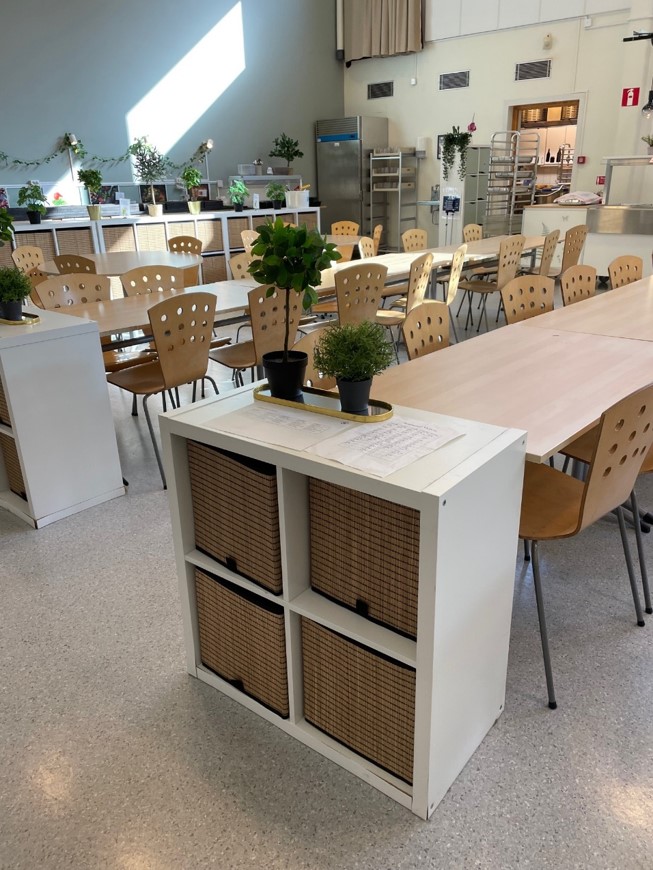 En rymlig och ljus matsal med flera långa bord och trästolar, dekorerad med gröna växter.