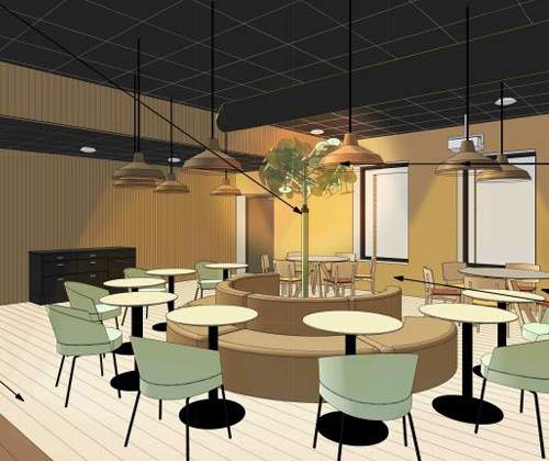 Skiss av måltidsmiljö med olika typer av möbler.