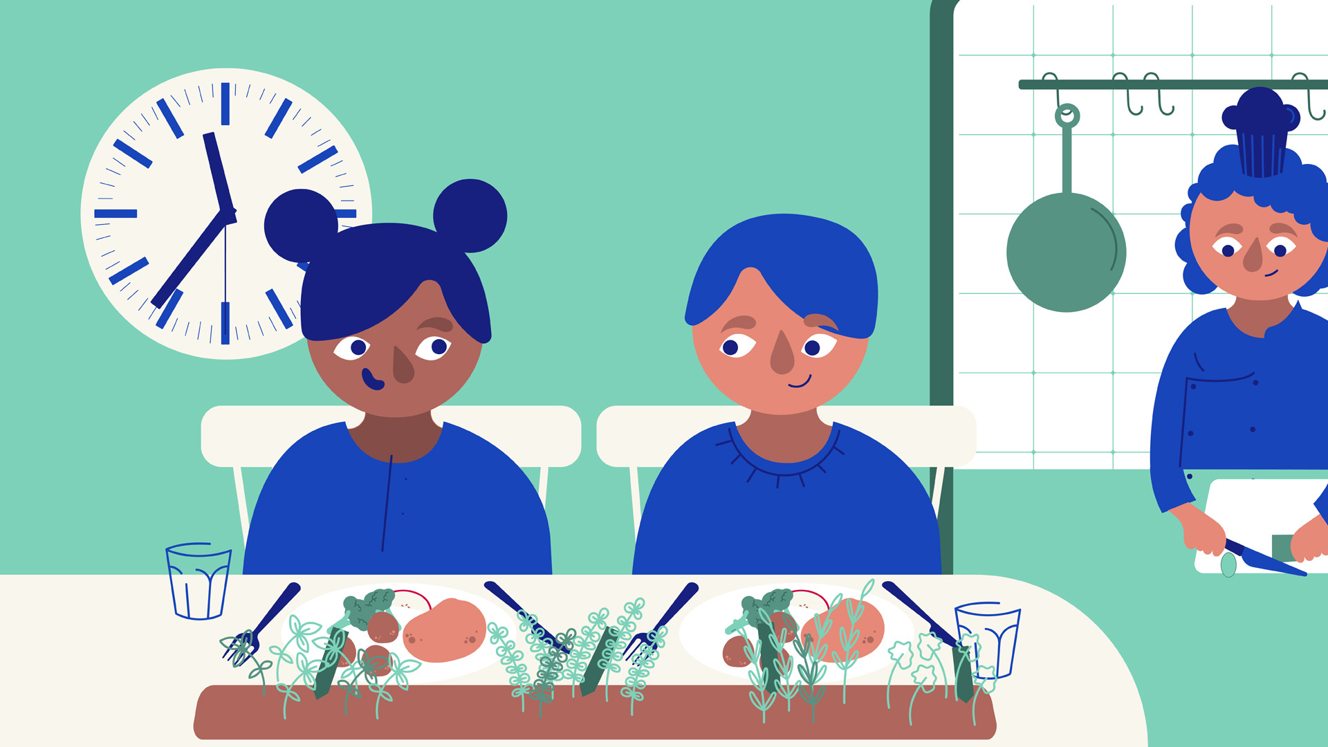 Illustration med två elever och en kock.