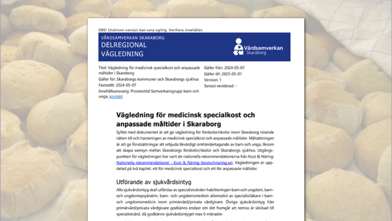 Brödbullar i bakgrunden. Ett dokument med vägledning för medicinsk specialkost och anpassade måltider.