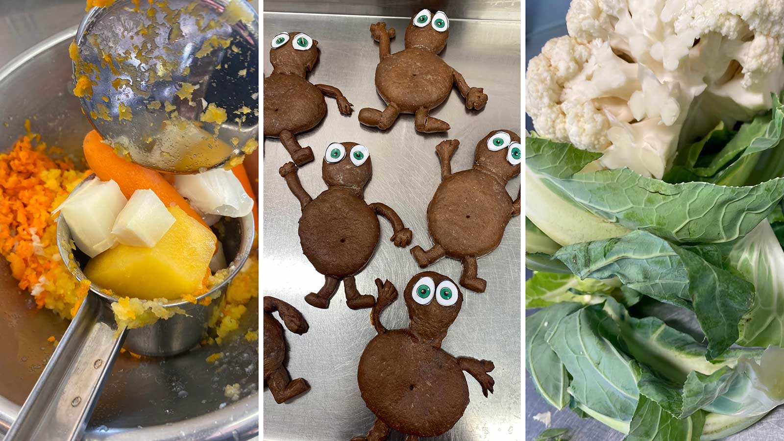 Kollage med blomkål, babba-bröd och grönsaker som mixas