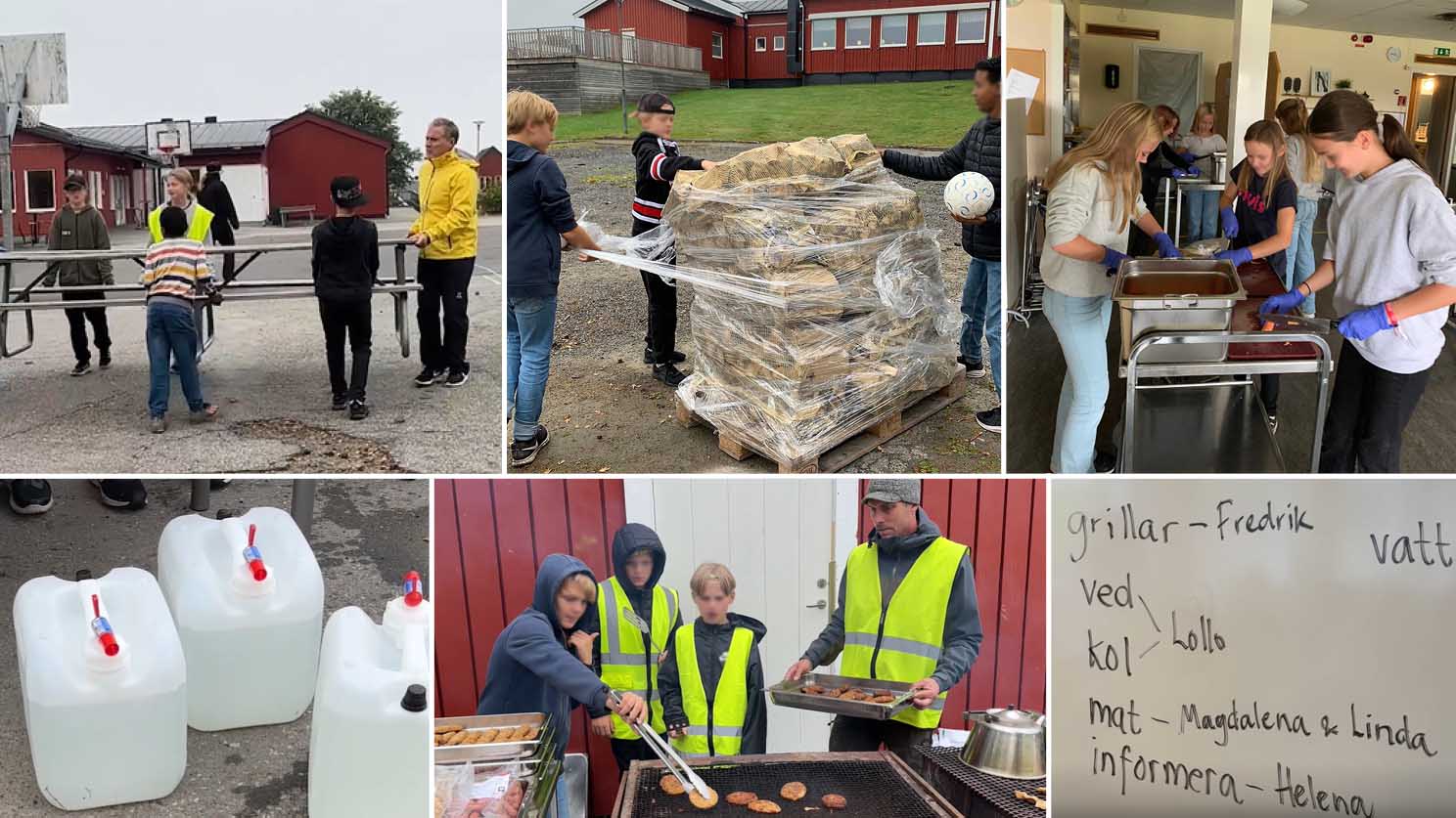Montage av foton från beredskapsövning i Härnösands kommun. På bilderna syns elever och lärare som gör praktiska saker som att bära bord, och förbereda skollunchen som grillas utomhus.