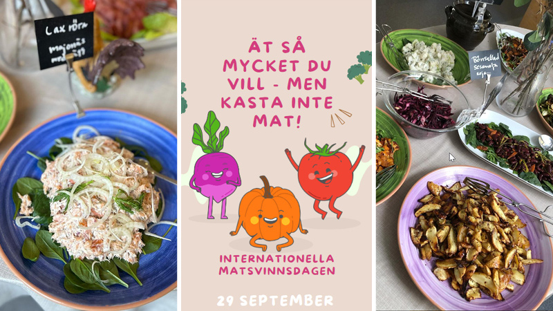 Kollage med bilder på laxröra, rostade rotsaker och en affisch med uppmaning att inte slänga mat.