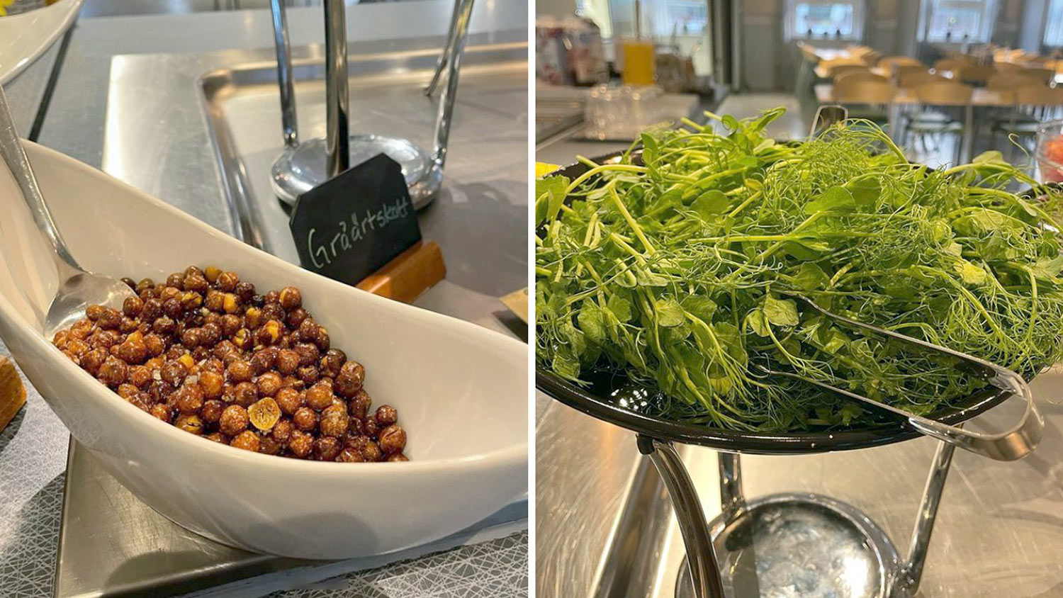 Rostade gråärtor i vit skål och ärtskott med serveringstång