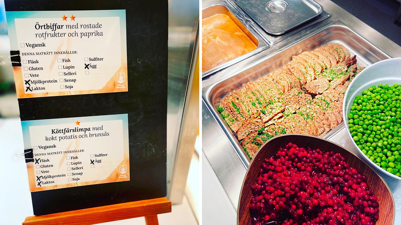 En bild på menyer och matservering i en skolmatsal. Till vänster visas två menyer för "Örtbiffar med rostade rotfrukter och paprika" och "Köttfärslimpa med kokt potatis och brunsås", med allergi- och innehållsmarkeringar. Till höger syns en servering av köttfärslimpa med kokta ärtor och lingon.