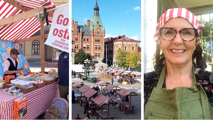 Kollagebild. En ostförsäljare vid ett marknadsstånd, överblicksbild över en marknad samt en porträttbild på Lena Liljemark.