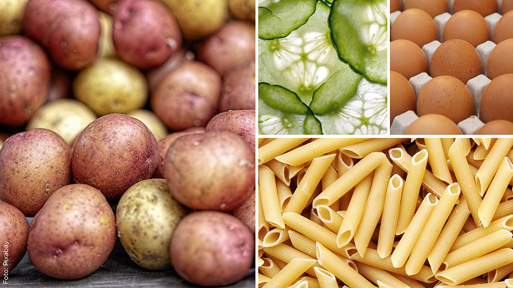 Kollage med potatis, gurka, ägg och pasta
