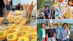 Kollage med gul soppa i små glas, måltidspersonal som åker traktorkärra, knäckebröd med spreads och MATtanken-teamet som vinkar
