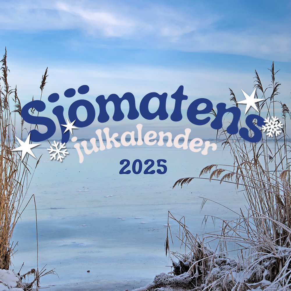 Vass vid sjökant med frost. Texten Sjömatens julkalender ovanpå.