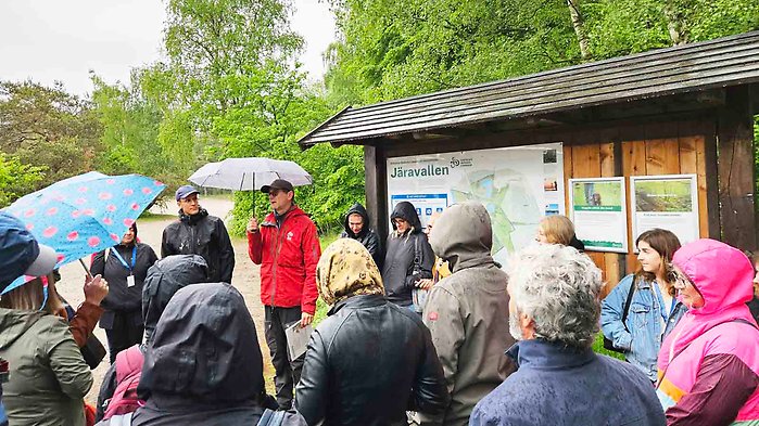 Deltagare på exkursion vid Järavallen. De står framför en informationsskylt.