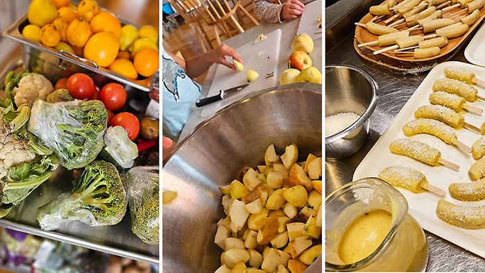 Räddad frukt och grönsaker som blir till fruktsallad och bananglass