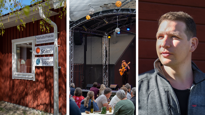 Tre bilder i ett kollage. Från vänster: En fasadvägg med skylten "Näshulta friskola", en konsert och en porträttbild på en man.