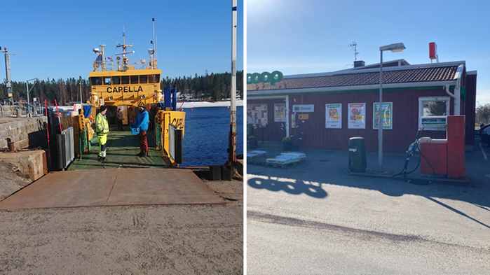 Collage med två bilder: en gul färja samt en röd mataffär med bensinpump utanför.