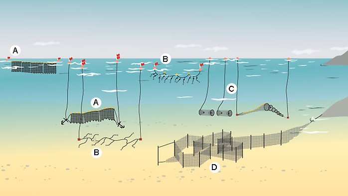 Illustration som visar olika passiva fiskeredskap: Garnfiske, krokfiske, tinor och ryssjor samt bottengarn. 