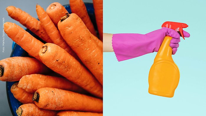 Kollage med morötter och rengöringsmedel.