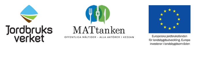 Tre emblem: Jordbruksverkets logotyp, MATtankens logotyp och EU-flaggan för Jordbruksfonden för landsbygdsutveckling