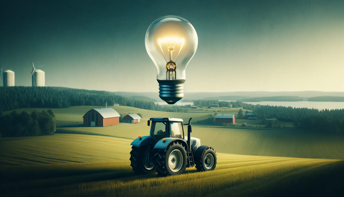 Traktor i ett landskap. En glödlampa som symboliserar idéer hänger i luften. 