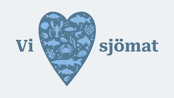 Illustration med blått hjärta innehållande fiskar och skaldjur, samt texten "vi hjärta sjömat".