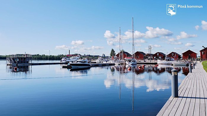 Vy över småbåtshamns i Piteå kommun. Brygga och båtar i vattnet.