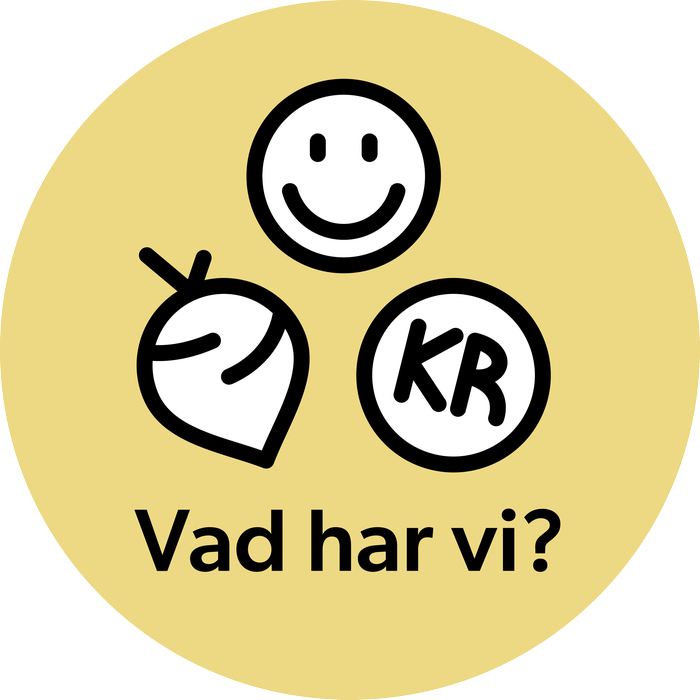 Illustration med texten Vad har vi? Över texten syns en glad person, ett mynt och en morot.