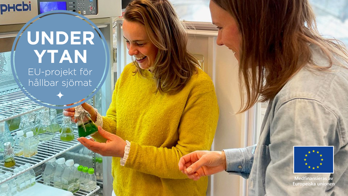 Elin och Malin tittar på ett vattenprov i en flaska. Loggan för artikelserien ovanpå.