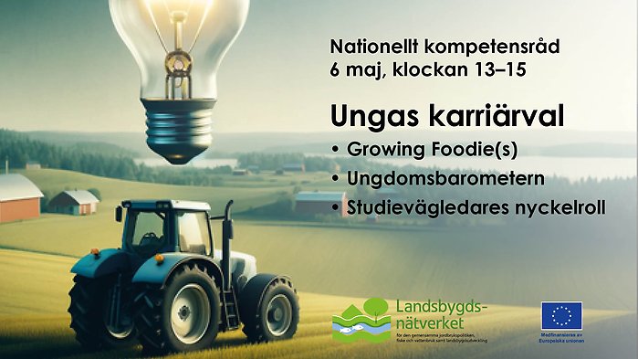 Traktor i ett landskap (illustration) med inlagd text med webbinariets titel och datum och tid