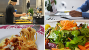Collage: Matlagning i storkök, man skriver i anteckningbok, pasta, sallad