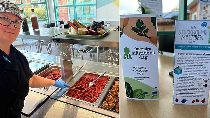 Kock framför en serveringslinje med mat.