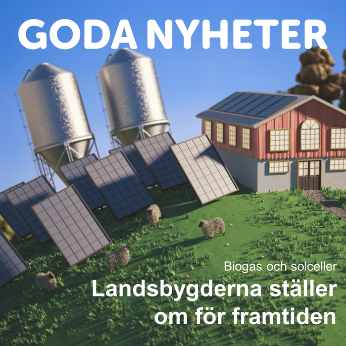 Animerad bild på en gräsplätt vid en lada med solceller samt biogas i bakgrunden. Texten på bilden är Goda nyheter - Landsbygderna ställer om för framtiden.