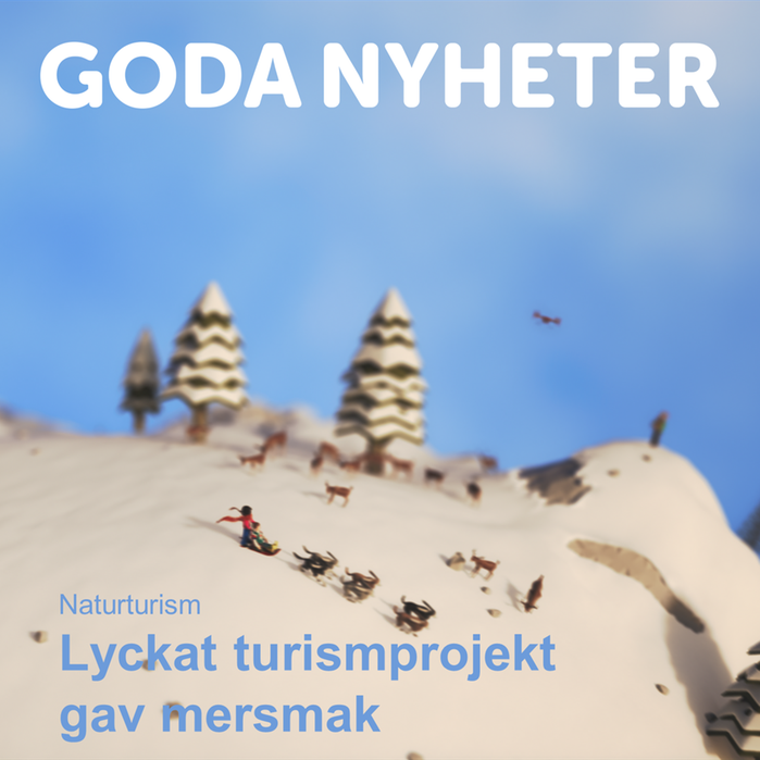 Vinterlandskap med hundspann och renar. Texten på bilden lyder: Goda Nyheter. Lyckat turismprojekt gav mersmak.