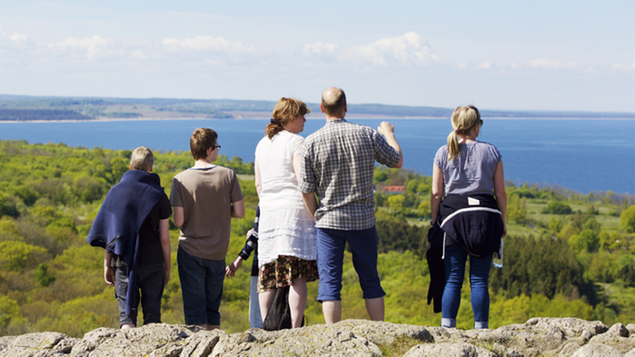 Ett antal personer står med ryggarna mot kameran och blickar ut mot vattnet från en klippa.