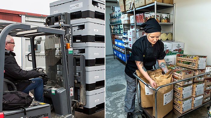 Ett montage av två bilder: En man i truck flyttar vattentankar. En kvinna jobbar i ett matförråd.
