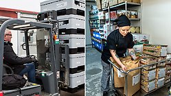 Ett montage av två bilder: En man i truck flyttar vattentankar. En kvinna jobbar i ett matförråd.
