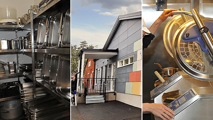 Kollage med bilder på byggnad som rymmer kök och skolrestaurang samt interiörbilder från storkök